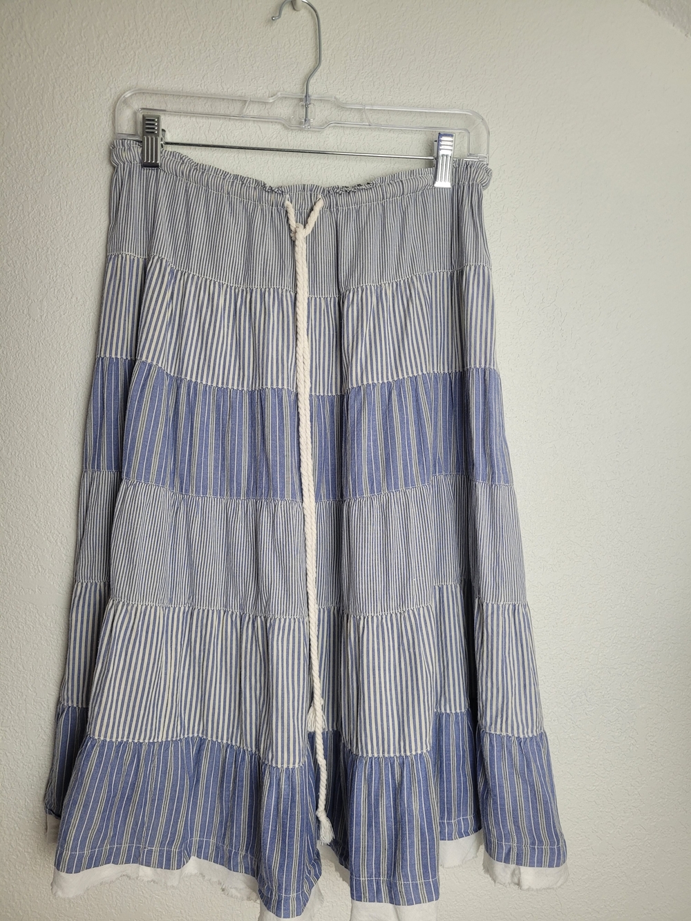 Sundance Boho Blue and White Striped Tiered Maxi Skirt with Cream Rope
